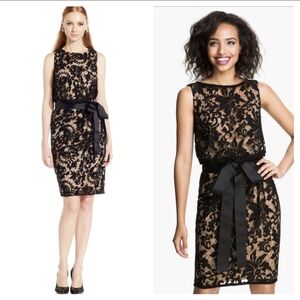 Tadashi Shoji Lace Overlay Ribbon Dress  Size 12 Black Nude